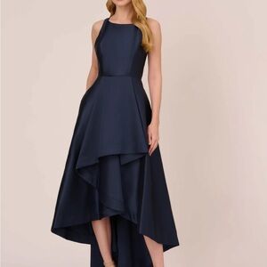 Adrianna Papell Size 4 Navy Blue High Low Sleeveless A-Line Mikado Cocktail Gown